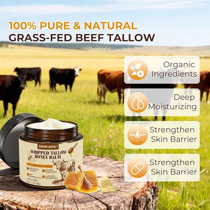 Beef Tallow for Skin - Organic Tallow and Honey Balm for Face - Whipped 100% Grass-Fed Beef Tallow & & Raw Honey, Body Deeply Nourishing for Women & Men, Suitable for All Skin Type - Unscented 2.1 OZ