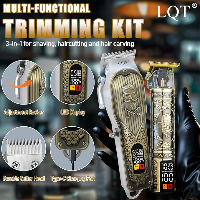 Cordless Hair Clippers Set for Men, Professional Hair and Beard Trimmer Kit with LED Display, Foil Shaver, Powerful Motor, Multiple Combs, Bronze, Grooming Gift for Him, Home and Salon,Barber Kit