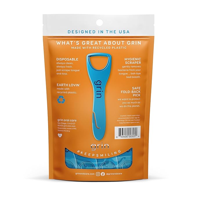 GRIN Tongue Cleaner, 32 Count, Disposable Tongue Cleaner, Hygienic Scraper, Recycled Plastic, Clean Tongue, Promote Fresh Breath, Includes Safe Fold- Back Tooth Pick (Pack of 3)