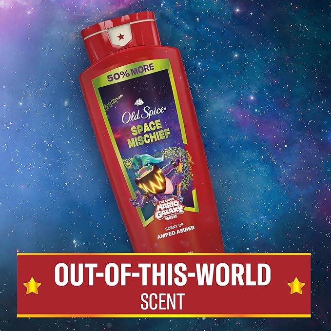 Old Spice Body & Face Wash for Men, x The Super Mario Galaxy Movie, 3X Defense, 24/7 Shower Fresh with Long Lasting Scent, Smell Super with Space Mischief, Amped Amber Scent, 24 oz