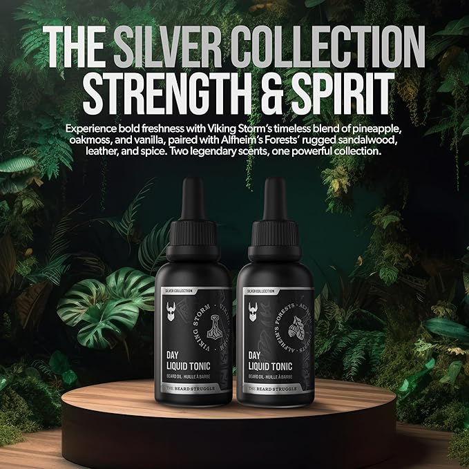 The Beard Struggle - Day Liquid Tonic Beard Oil - Silver Collection (Alfheim's Forests) - Beard Oil for Men - Moisturize, Softens Hair, Reduces Itch - Day Time Beard Growth Oil (1 Fl oz)