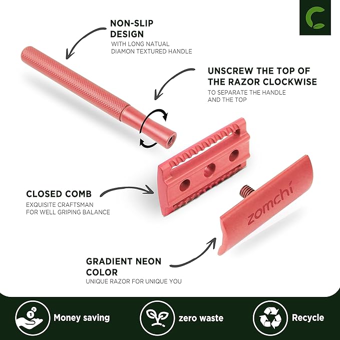 ZOMCHI Single Blade Double Edged Safety Razor with 5 Safety Razor Blades, Metal Razor for Men & Women, Single Blade Razor – Light Coral