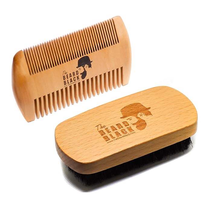 Beard Brush & Comb Set for Men - Natural Boar Bristle Brush, Dual Action Pear Wood Comb, Gift Box & Travel Pouch. Enhances Growth & Styling with Balm Oil Distribution by The Beard Black (Black)