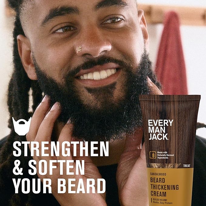 Every Man Jack Beard Thickening Cream - Strengthens, Thickens, Nourishes Beard - Light Sandalwood Scent - Made with Naturally Derived Ingredients like Biotin, Vitamin B6, Soy Protein - 2.8oz - 2 Pack
