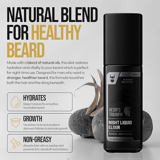 The Beard Struggle Night Liquid Elixir Beard Oil - Platinum Collection - Aesir's Triumph (1.35 Fl oz) - Beard Oil for Men - Natural Blend for Softens, Moisturizing, & Healthier Beard Growth