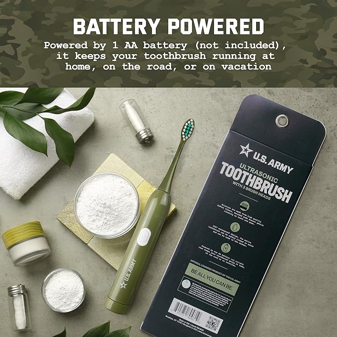 U.S. Army Electric Toothbrush, Battery Powered Toothbrush for Adults with 3 Heads, Waterproof Design for Oral Care and Plaque Removal