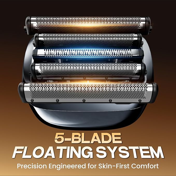 Electric Foil Shaver for Men: 5-Blade System, IPX8 Waterproof, LED Display with 2 Speeds, USB-C Fast Charge, Magnetic Guard & Brush, Travel Lock,Gray