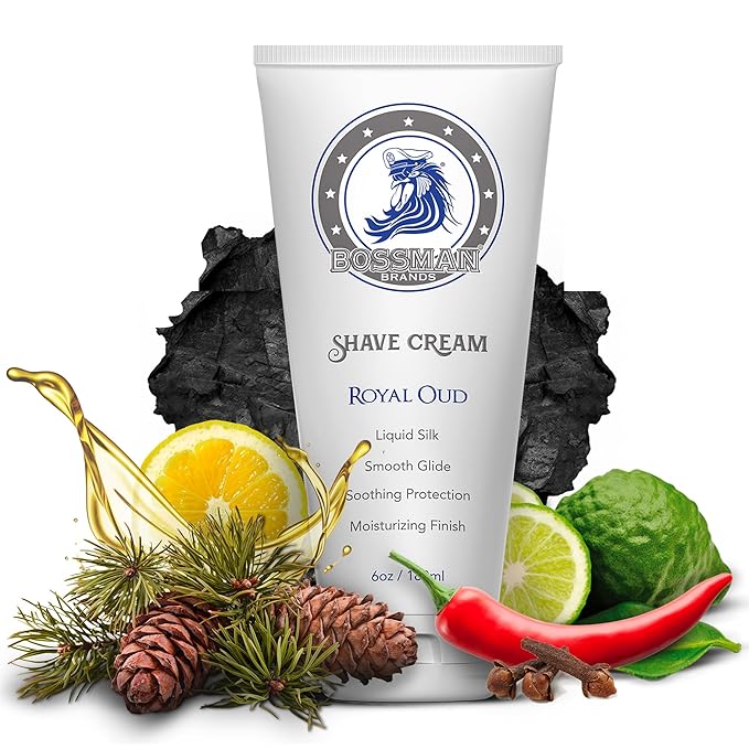 Bossman Liquid Silk Shave Cream for Men – Sensitive Skin Formula, Smooth Glide, & Soothing Protection – Moisturizing Finish (Royal Oud Scent)