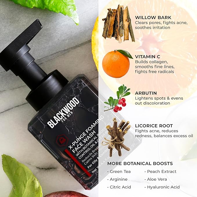 Blackwood For Men X-Punge Foaming Face Wash, Natural Men's Face Cleanser for Normal to Oily Skin | Fights Acne, Reduces Redness, Calms Skin, Exfoliates, Moisturizes | Sulfate Free, Paraben Free, Vegan