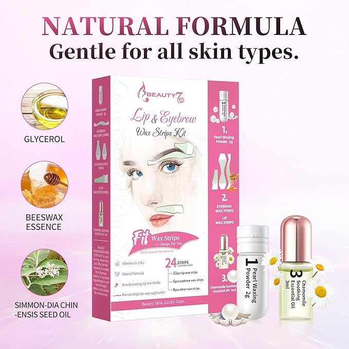 Beauty7 Pre-cut Wax Strips for At-Home Eyebrow, Lip, and Facial Hair Removal - 24 Strips with Pearl Powder and Essential Oil for Sensitive Skin