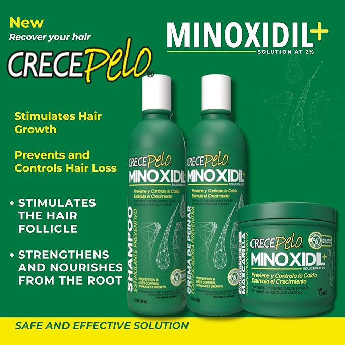 Crece Pelo Minoxidil 2% Hair Regrowth Set – Complete 4-Step System: Shampoo 12.5 oz, Mask 16 oz, Leave-In Cream 12.5 oz – Anti Hair Loss Treatment with Biotin & Keratin + Romero Oil 2 oz
