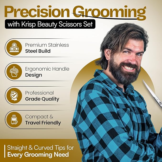 Stainless Steel Grooming Scissors Set - Facial Hair Small Nail Cuticle Scissors Manicure Pedicure Tools Trimming Kit - Straight and Curved Blade for Beard Mustache Nose Ear Hair Eyebrow Eyelashes