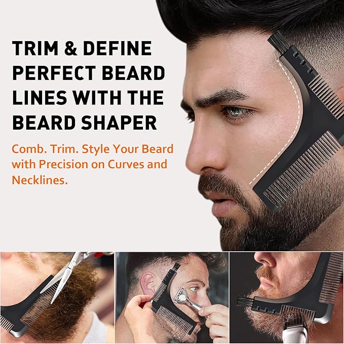 DUAIU 8Pcs Beard Brush and Comb for Men, Boar Bristle Brush and Dual Action Comb - Beard Shaper, Straight Shaving Razor with 10 Blades, Cape, Scissors Styling Cutting Tools with Bag