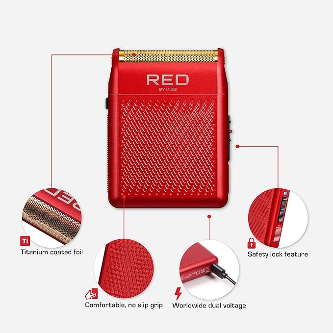 RED by Kiss Cordless Mini Shaver for Men, Compact High-Precision, Quick USB-C Charging, Non-Slip Grip, Long-Lasting Battery, Travel-Friendly Design, Powerful Motor for Efficient Shaving (Red)