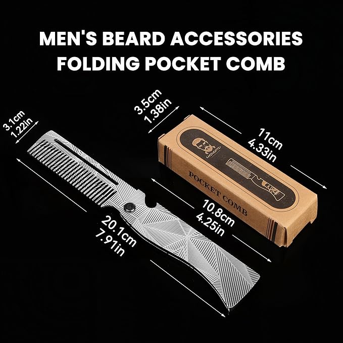 Men's Metal Folding Pocket Beard & Mustache Comb, EDC Knife Comb with Bottle Opener for Outdool Travel - Anti-Static for Hair Styling Pompadour, Slicked-back, Fauxhawk, Undercut