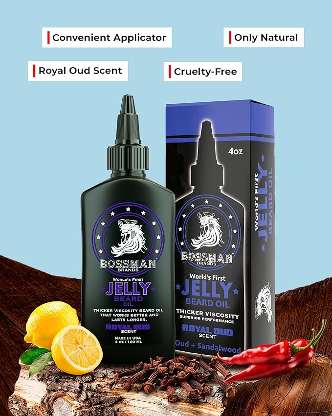 Bossman Jelly Beard Oil for Men (4 oz, Royal Oud Scent) – Softens, Moisturizes & Conditions with Natural Ingredients