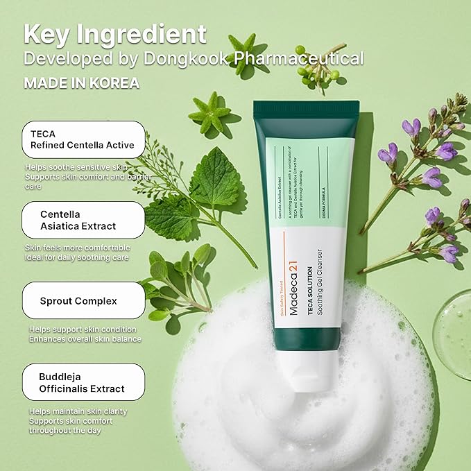 TECA Solution Soothing Gel Cleanser for Sensitive Skin – Gentle Daily Facial Cleanser with Centella & TECA, Low-Irritation Gel-to-Foam Face Wash, Developed by Dongkook Pharmaceutical (100ml)