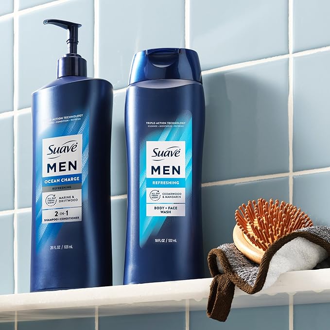 Suave Men Ocean Charge 2 in 1 Refreshing Shampoo & Conditioner with Pro Vitamin B5, Hydrates & Revitalizes Hair, Ocean Fresh Scent, 4 Count, 28 FL OZ Pump