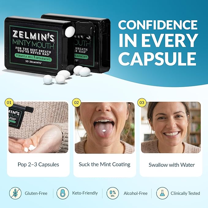 Zelmin's Minty Mouth Breath Freshener - (5 Pack) Long Lasting Bad Breath Treatment for Adults, Instant Freshness Helps with Dry Mouth, Natural Breath Mints for Travel, Alcohol-Free, Keto, Gluten-Free