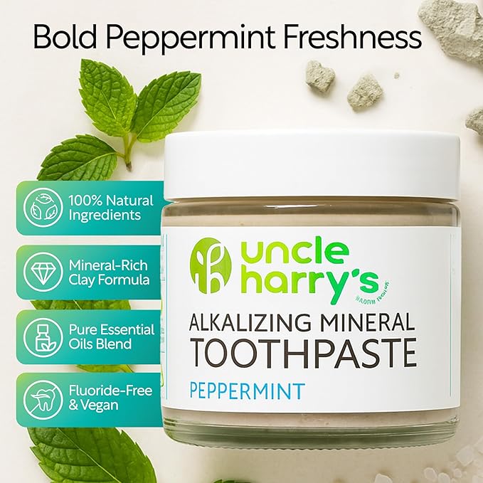 Uncle Harry's Peppermint Remineralizing Toothpaste | Natural Whitening Tooth Paste Freshens Breath & Promotes Enamel | Vegan Fluoride Free Toothpaste (2 Pack)