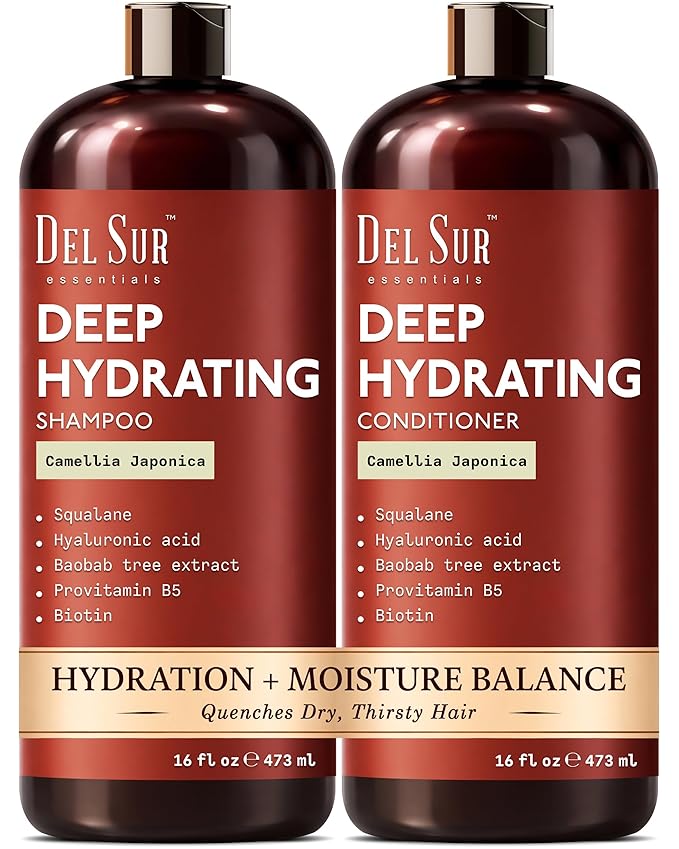 DEL SUR Hydrating Shampoo and Conditioner Set | 16 fl oz Each | with Camellia Japonica, Squalane, Hyaluronic Acid, Baobab Extract & Biotin | Deep Moisture for Dry, Damaged Hair