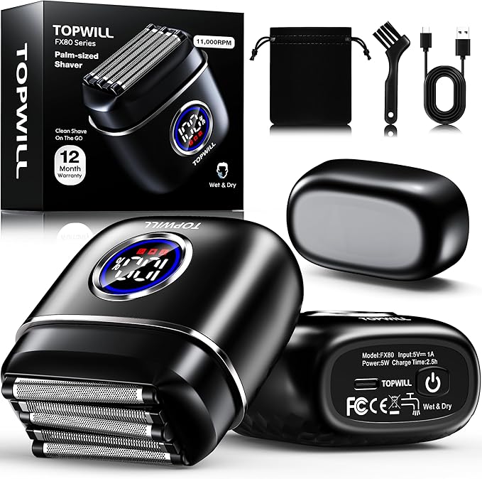 Powerful Electric Razor for Men – 5 Blade Portable Foil Shaver for Beard & Mustache Close Shave, Wet/Dry Use, Mini Cordless USB-C Rechargeable, with Gift Bag