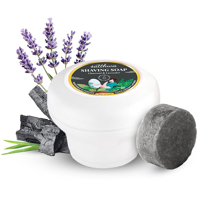 Satthwa Organic Shaving Soap Puck infused with Charcoal & Lavender | Create the Perfect Lather | Excellent for Silky Smooth Shaves | Cleansing & Nourishing, 50g (1.7oz)