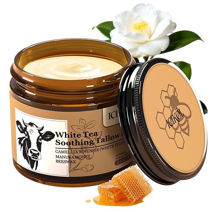Beef Tallow Honey Balm, Grass-Fed Tallow Moisturizer for Face and Body, Deep Hydration Cream with White Tea Scent, Handmade Natural Skin Nourishment, 2.1 oz