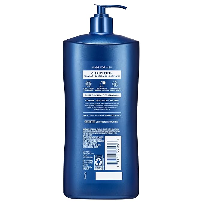 Suave Men Citrus Rush Daily Clean 3 in 1 Shampoo, Conditioner & Body Wash with Glycerin & Keratin Hydrates & Smooths Hair, Citrus Scent, 4 Count, 40 FL OZ Pump