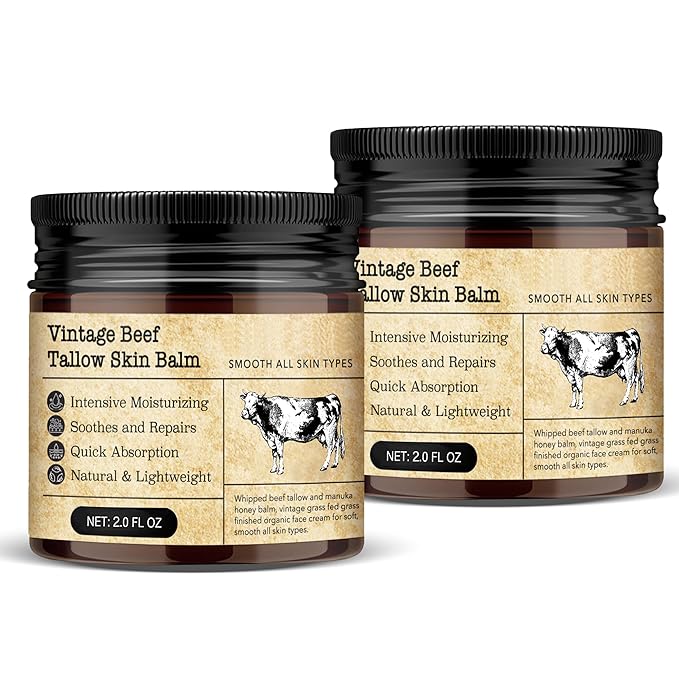Beef Tallow Honey Balm for Sensitive Skin:100% Organic Grass-Fed Vintage Tallow Moisturizer For Face Cracked Hands Non-Greasy Nourishing Cream With Olive Oil - Eczema Safe All Skin Types 2 Pack