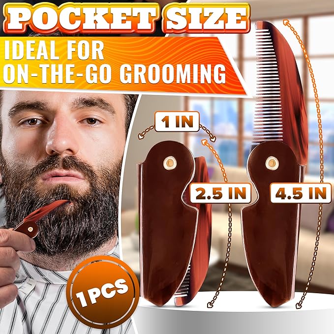 Beard and Mustache Comb for Men - 4.5 Inch Portable Mustache and Beard Comb Pocket, Handcrafted, Strong & Flexible Cellulose Acetate Material, Smooth Round Teeth, for On-the-Go Grooming