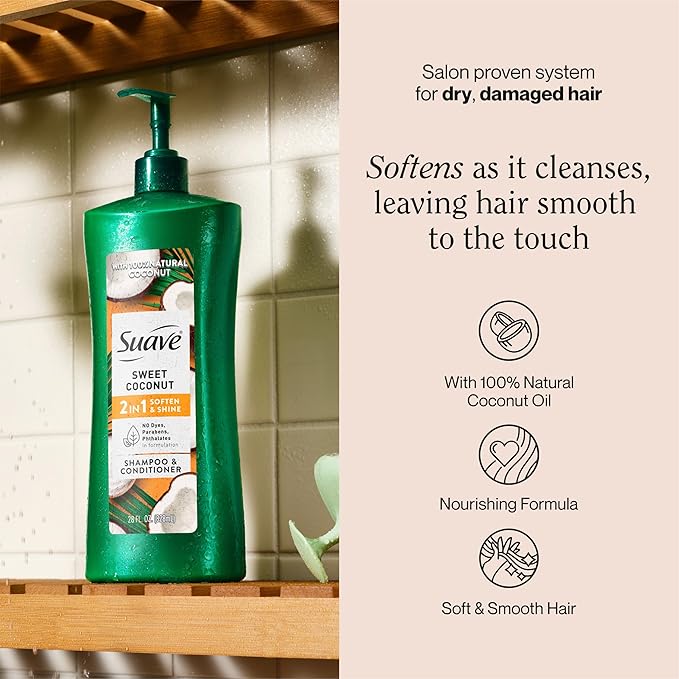 Suave Smooth & Shiny 2-in-1 Shampoo & Conditioner with Coconut Oil, Smoothness & Shine in One Step, No Parabens, Phthalates, or Dyes, 4 Pack, 28 FL OZ Each