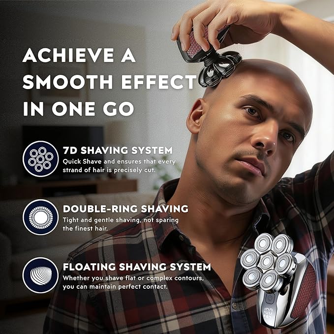 Head Shavers for Bald Men - 5-in-1 7D Floating Electric Bald Head Shavers for Men, IPX6 Waterproof Wet & Dry Use, LED Display Fast Rechargeable, Grooming Kit for Hair/Face/Beard