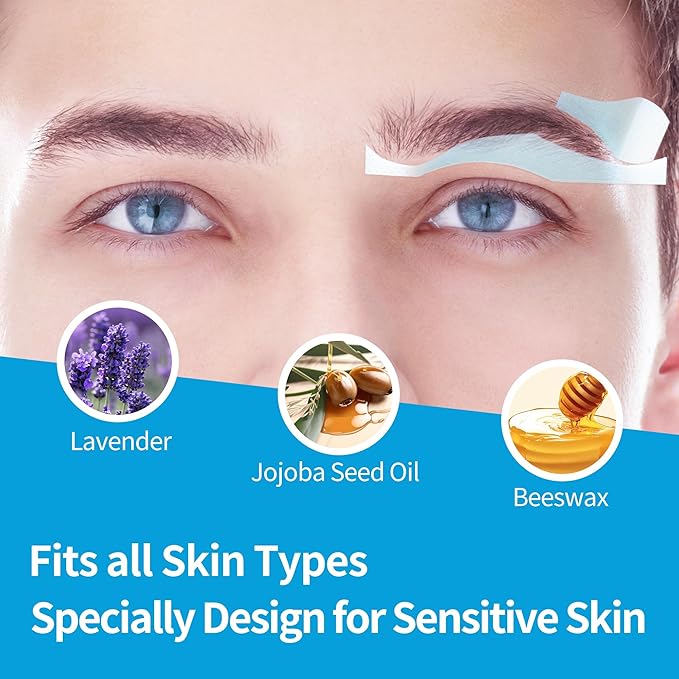 Beauty7 Sensitive Eyebrow Wax Strips, Facial Hair Removal for Men, Eyebrow Waxing Strips, 24 Strip 4 Calming Oil Wipes, Home Waxing for Men