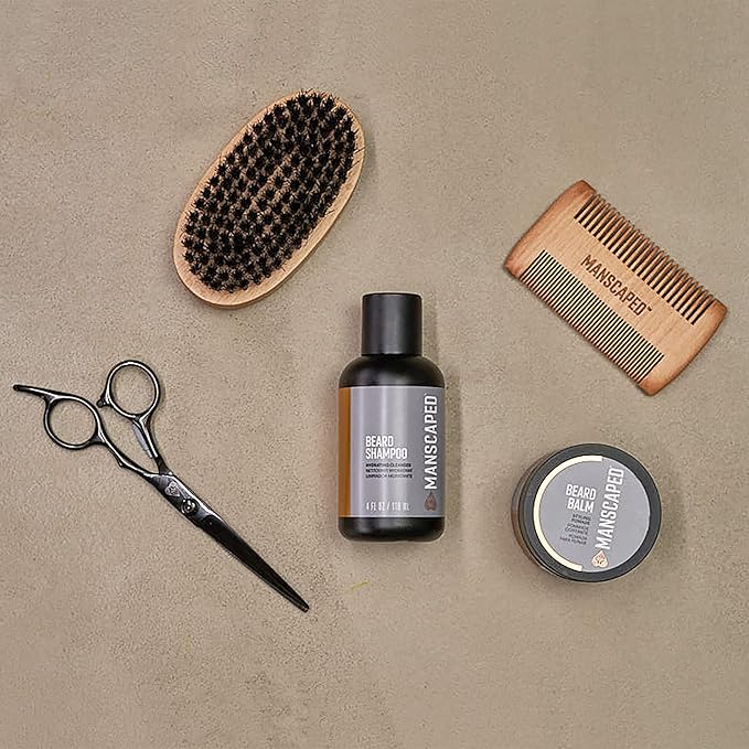 MANSCAPED® Beard Care Kit Includes UltraPremium Moisturizing Beard Shampoo & Balm, Soft Brush, Comb & Precision Scissors for Grooming & Trimming Facial Hair