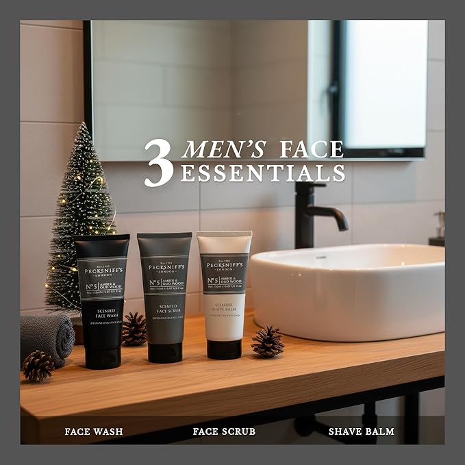 Pecksniff’s Men’s Trio Collection – Amber & Oud Wood – Face Wash, Scrub & Shave Balm Gift Set, 3 x 75ml