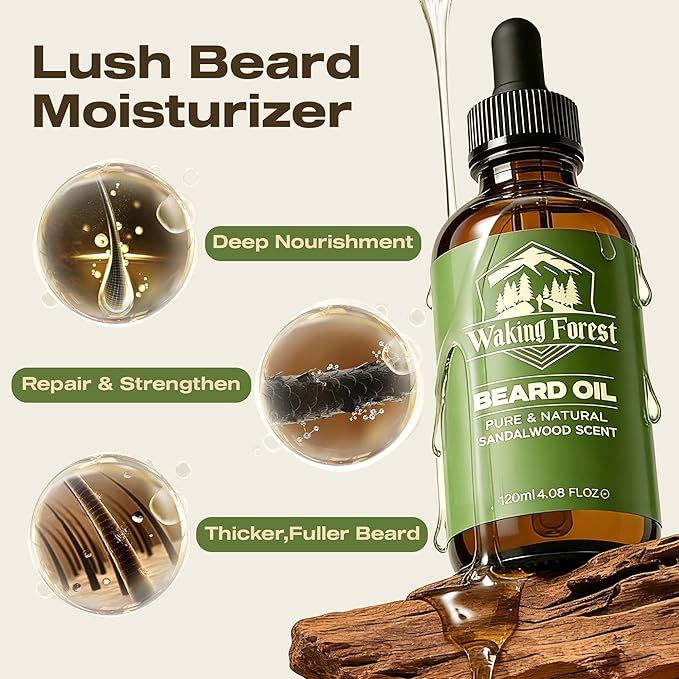 Waking Forest Beard Growth Oil for Men, Natural Sandalwood with Argan, Castor & Biotin, Vitamin E, Nourishes Thicker Softer Fuller Beard, Premium Gift for Bearded Gentlemen (120ml / 4 fl oz)