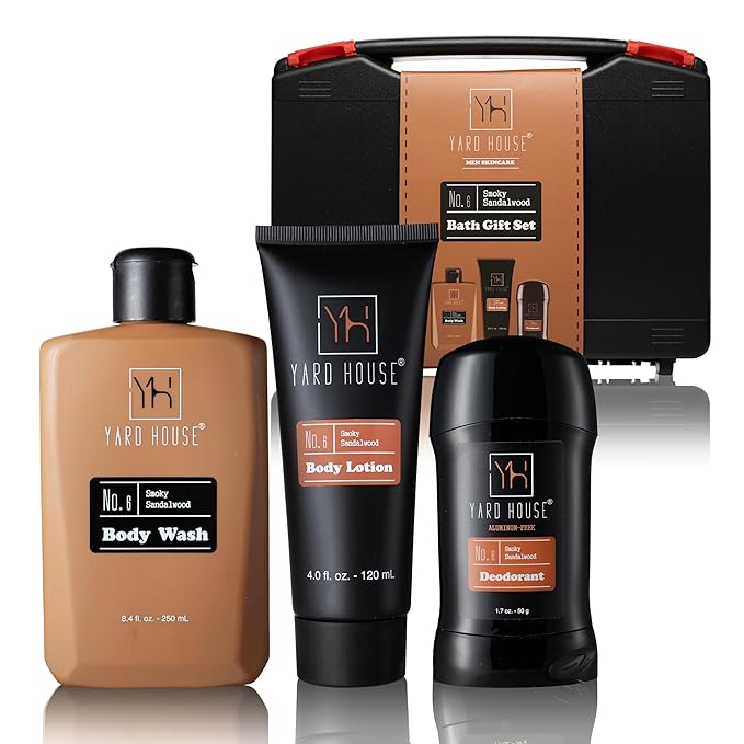 Men’s Bath Gift Set – Smoky Sandalwood | 4-Piece Grooming Kit with Body Wash, Body Lotion & Deodorant in Travel Toolbox Case – Perfect for Father’s Day, Christmas, Birthdays & Holidays