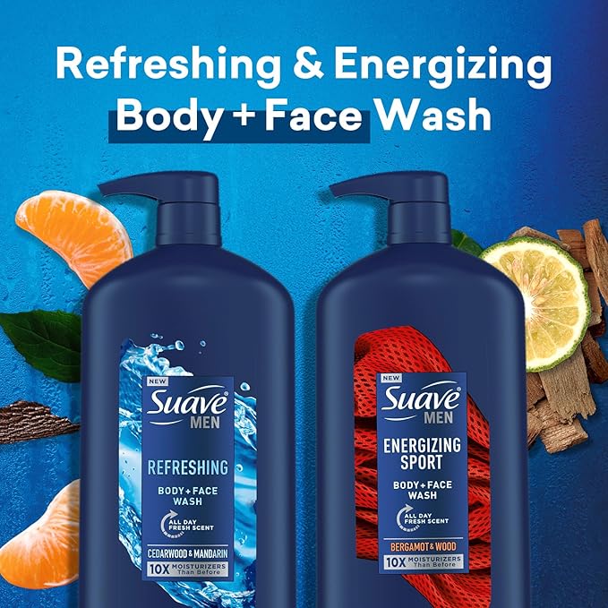 Suave Men Body + Face Wash Bundle – Energizing Sport (Beragmot & Wood) 2-Pack + Refreshing (Cedarwood & Mandarin), 30 Oz Ea