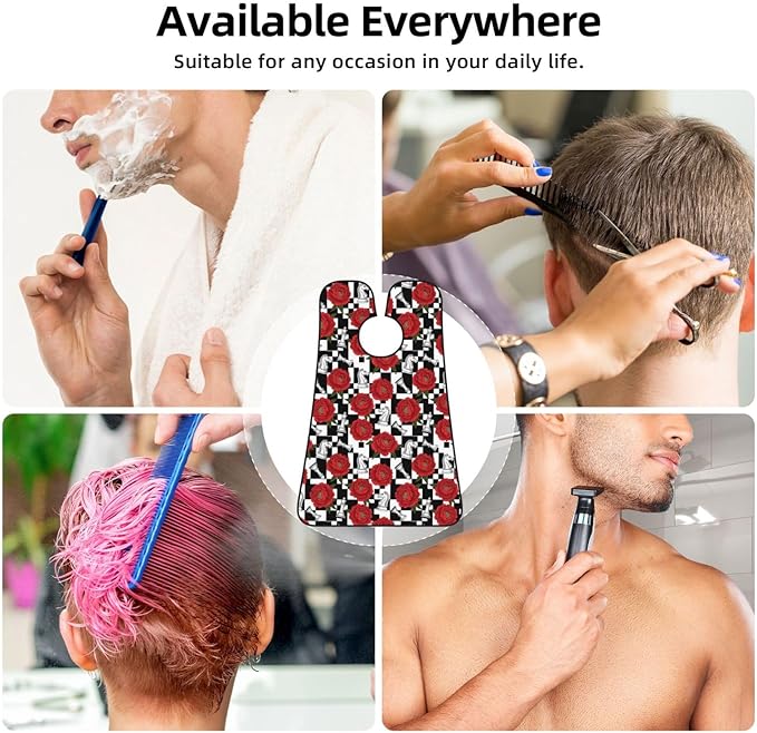 Beard Hair Catcher for Men, Waterproof Shaving Bib Apron Non-Stick, Trimming Tool for Dad Husband, Red Peony Flowers Black White Chess Checkered Horse Floral Shave Bib