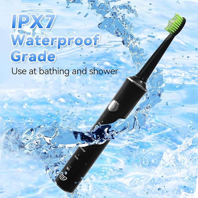 JTF Sonic Electric Toothbrush for Adults: 6 Brush Heads, Travel Bag, Tongue Scraper, 5 Brushing Modes for Teeth, Smart Timer and IPX7 Waterproof, Rechargeable Toothbrush for Deep Cleaning & Whitening