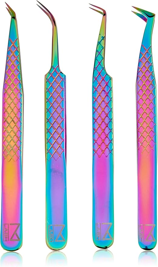 M LASH Tweezers for Eyelash Extensions (Set of 4) - Professional Lash Extension Tweezers - Fiber Tip, Japanese Steel, Diamond Grip Eyelash Extension Tweezer set (Multi-Color)