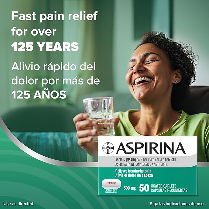 Aspirina Pain Reliever, 500mg Aspirin Medicine, Headache Relief, 50 Count