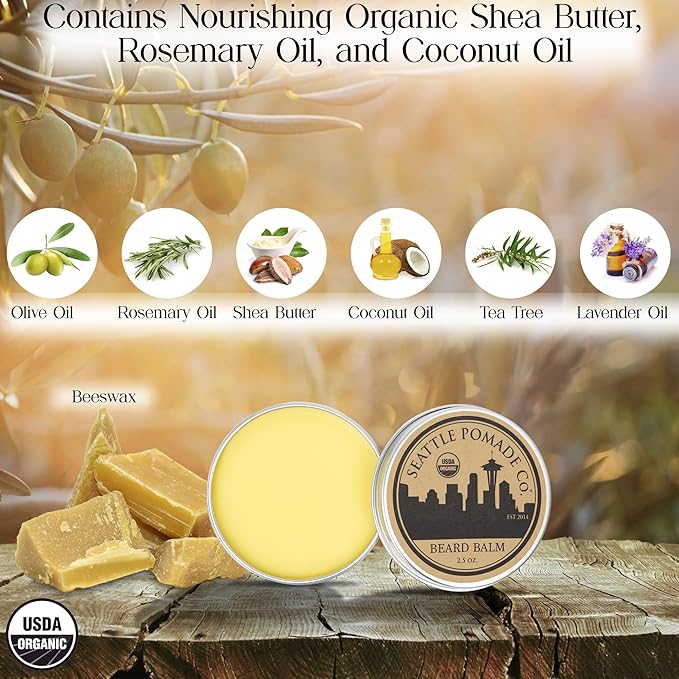 Seattle Pomade Co. Certified Organic Beard Balm made with Organic Beeswax. Strengthens & Softens Beards & Mustaches. Globally sourced certified organic materials.