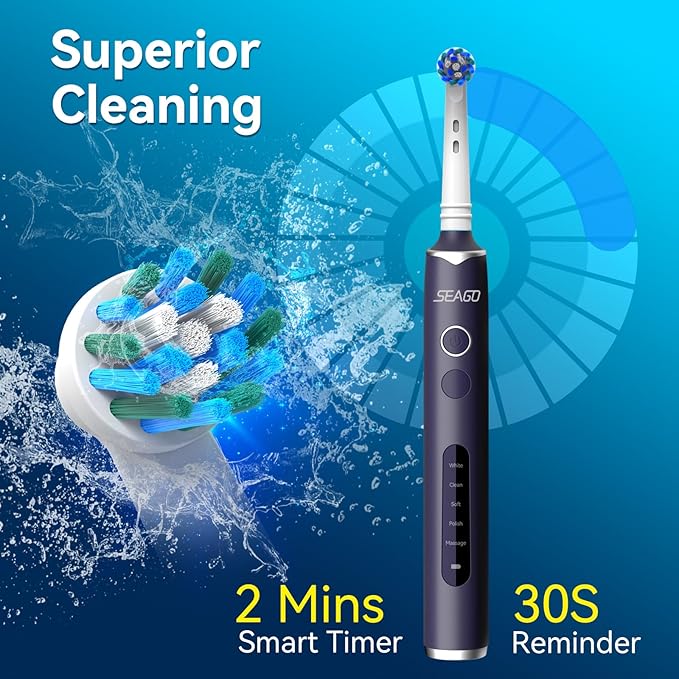 SEAGO Rotating Electric Toothbrush with 8 Round Brush Heads, with 5 Cleaning Modes, Sonic Technology Whitening Teeth in 14 Days, for Adult and Kids, SG-2603 (Blue)
