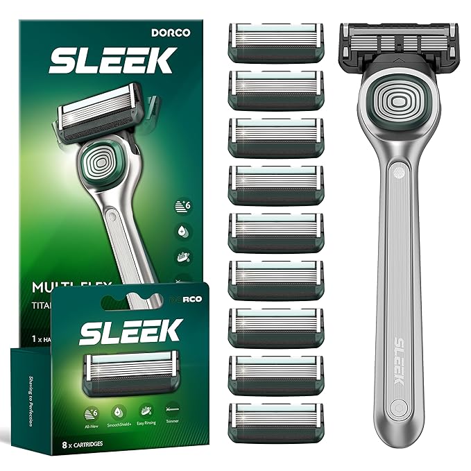 DORCO SLEEK 6 Blade Razor for Men with 10 Cartridges | Men's Cartridge Razors with Razor Handle and Smooth Shaving Blades | Men’s Razors with Multi-Flex Technology