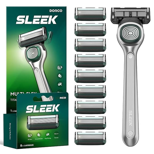 DORCO SLEEK 6 Blade Razor for Men with 10 Cartridges | Men's Cartridge Razors with Razor Handle and Smooth Shaving Blades | Men’s Razors with Multi-Flex Technology