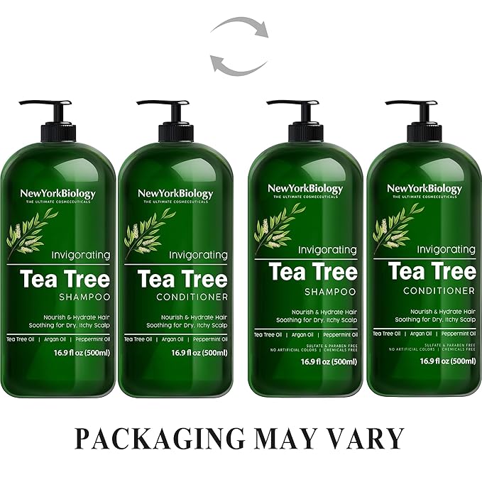 New York Biology Tea Tree Shampoo and Conditioner Set - Deep Cleanser - Relief for Dandruff and Dry Itchy Scalp - Therapeutic Grade - Helps Promote Hair Growth - 16.9 Fl Oz