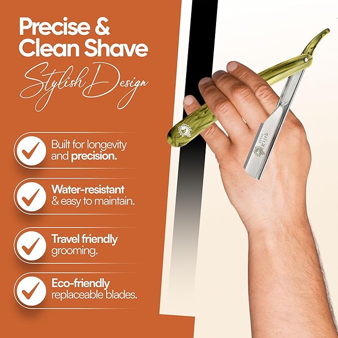 Professional Straight Razors For Men 2mm Exposed Blade Straight Edge Barber Razor Kit For Close Shaving - Beard Navajas Para Barbero Shavette 10 Shaving Blades By Krisp Beauty (Yellow Marble Design)