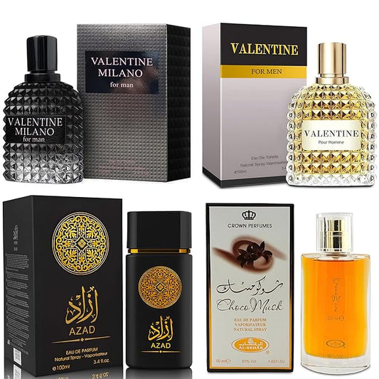 Men's Cologne Gift Set Include Valentine Milano,Valentine,Choco Musk & AZAD Black - 3.4 Fl Oz Each | Vanilla Bourbon, Leather & Amber Floral Fragrance | Luxury Eau de Toilette Quartet